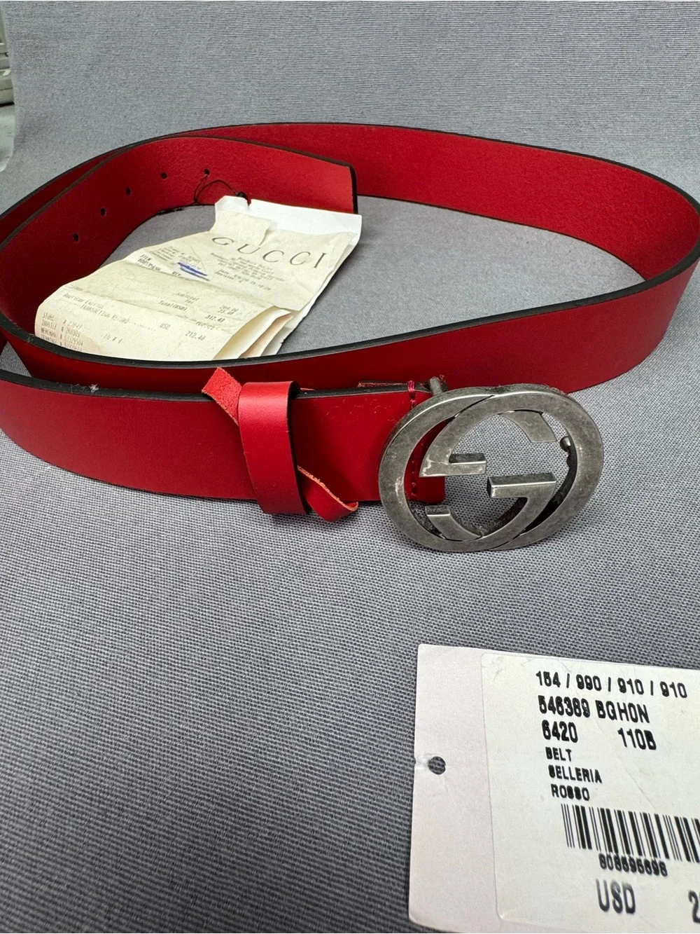 Authentic Men's Gucci Red Selleria Interlocking G Leather Buckle Belt 546389